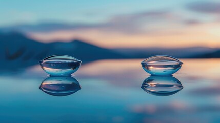 A pair of contact lenses on a reflective surface, each lens capturing a different perspective: close-up text and a scenic view.