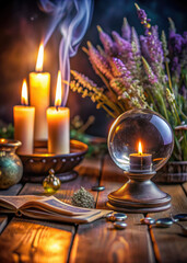 burning candles, crystal ball for fortune telling, tarot cards, flowers on the table, esotericism, m