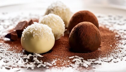 Wall Mural - gourmet chocolate truffles white candies with coconut and white chocolate and brown dark chocolate candies with cocoa powder