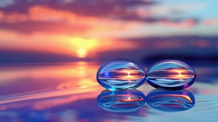 Contact lenses on a reflective background, one magnifying text, the other showing a distant sunset.