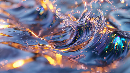 Poster - Surreal Display of Abstract Iridescent Fluid Metal With Vibrant Liquid Dynamics at Dawn