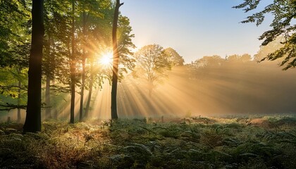 Poster - the sun is shining through forest of beech and oak trees with morning mist