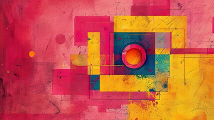 Poster - Vibrant Minimalist Drawing Featuring Geometric Shapes in Primary Colors Against a Bold Background