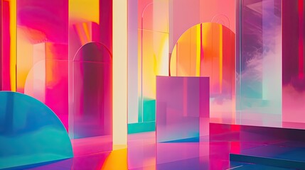 Poster - Vibrant Neon Geometric Forms Merging in a Futuristic Digital Art Environment