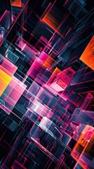 Poster - Dynamic Neon Colored Geometric Forms Interacting in a Futuristic Digital Landscape