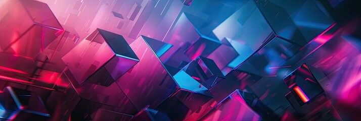 Poster - Vibrant Neon Geometric Forms Merging in Dynamic Digital Art Composition at Night