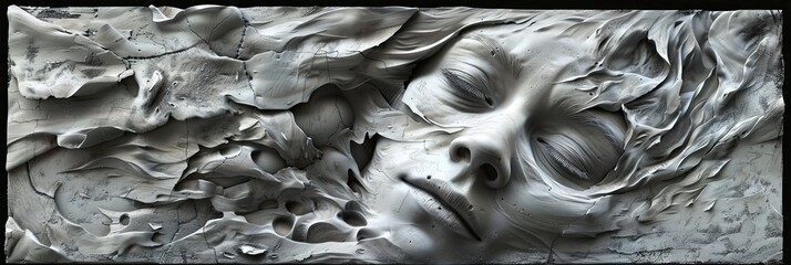 Poster - Intricate Sculptural Work Featuring A Serene Face Emerging From Abstract Textured Background