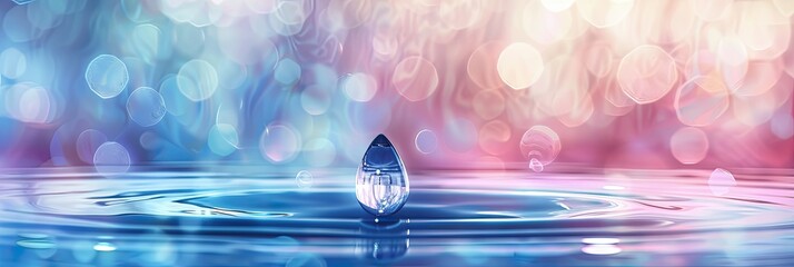 Poster - Water Drop Captivatingly Suspended Above Smooth Surface Amidst Softly Blurred Colorful Background During World Water Day Celebration