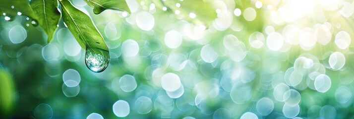 Poster - Delicate Water Drop Hanging From Leaf Against Soft Blurred Background Celebrating World Water Day