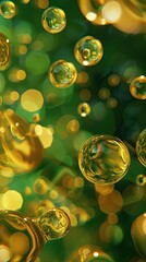 Aufkleber - Floating Yellow Oil Bubbles Create a Stunning Visual Against a Green Background in an Octane Render