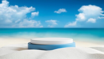 Sticker - 3d podium with copy space for product display presentation on beach with blue sky and white clouds abstract background tropical summer and vacation concept