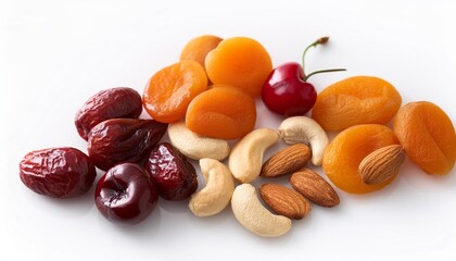 Sticker - dry fruits assortment almond cashew apricot and cherry on white background