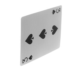 Wall Mural - Flying playing card for poker and gambling, three of spades isolated on white, clipping path	