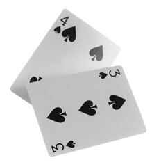 Wall Mural - Flying playing card for poker and gambling, three and four spade isolated on white, clipping path	