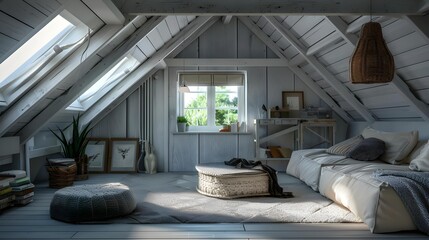 Grey attic living room interior with sofa