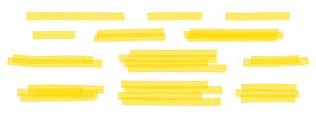 Poster - Set of yellow highlight marker lines. Different transparent hand drawn pen or brush underlines for important text selection isolated on white background. Vector realistic illustration.