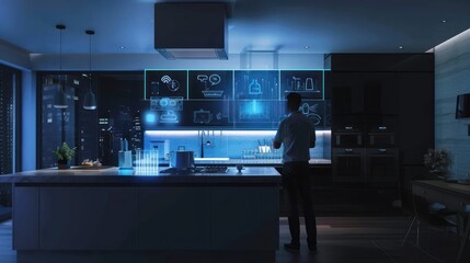 Wall Mural - Man Interacting with Smart Home Technology in a Modern Kitchen