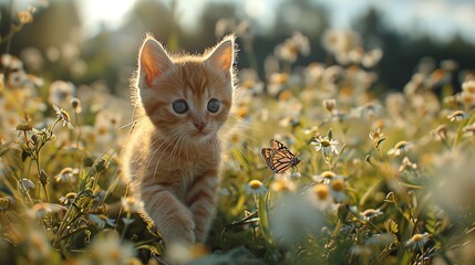 Wall Mural - Cute Kitten in a Field of Flowers