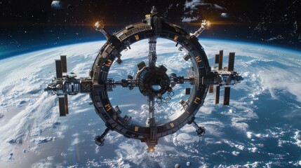 A futuristic space station orbits Earth with glowing lights and a stunning view of clouds and stars