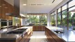 © BloomArt - A modern kitchen with large windows offering a view of lush greenery outside