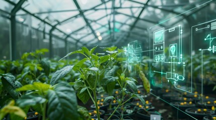 Poster - A close-up view of a thriving plant in a greenhouse with a digital interface overlay showing automated environmental controls.