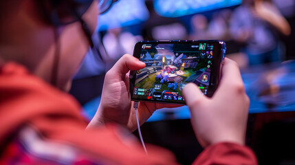 Wall Mural - a person playing video games on a mobile device at a live gaming event.
