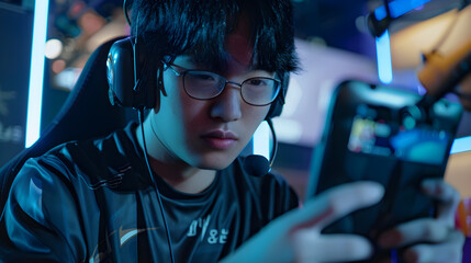 Wall Mural - a focused mobile gamer competes in an intense esports tournament, immersed in virtual battle.