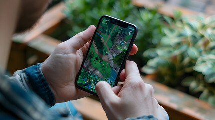 Wall Mural - a person outdoors playing a location-based augmented reality game on their mobile device.