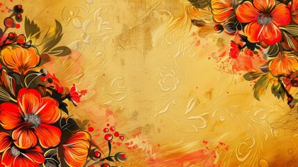 Khokhloma floral ornament with vibrant red and orange flowers on golden textured background for cultural art designs