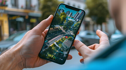 Wall Mural - a person playing a mobile game that uses augmented reality to interact with surroundings.