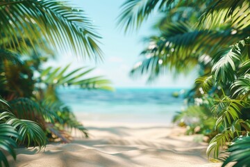 Beautiful wide paradise beach with golden sand and palm leaves in blur. Summer natur banner.