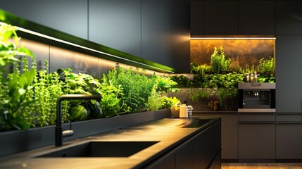 Poster - A modern kitchen with black cabinets and a stainless steel sink features an indoor herb garden growing beneath the upper cabinets.