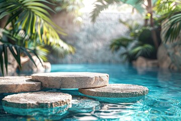 Wall Mural - stone podium in blue pool water tropical design backdrop.