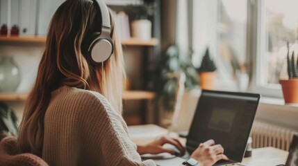 Aufkleber - A young woman sits at a desk, focused on her laptop while wearing headphones in a cozy indoor workspace filled with plants.