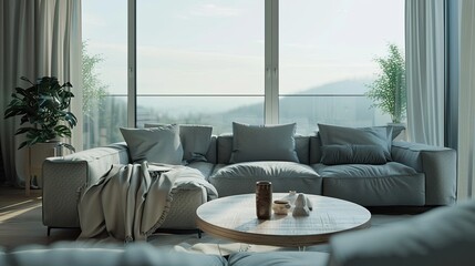 Interior of light living room with cozy grey sofas near big window