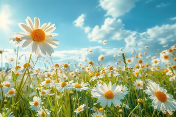 Wall Mural - colorful spring meadow with wildflowers under sunny skies.