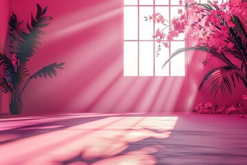 Wall Mural - abstract pink studio background with window shadows and foliage.