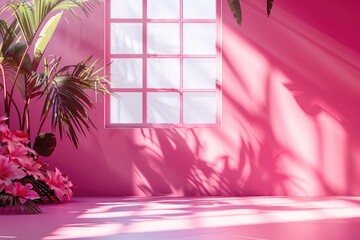 Wall Mural - abstract pink studio background with window shadows and foliage.