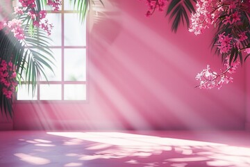 Wall Mural - abstract pink studio with shadows palm leaves and copy space.
