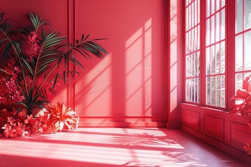 Wall Mural - abstract red studio with window shadows palm leaves. trendy 2023 viva magenta.