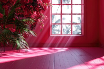 Wall Mural - abstract red studio with window shadows palm leaves. trendy 2023 viva magenta.