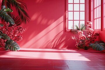 Wall Mural - abstract red studio with window shadows palm leaves. trendy 2023 viva magenta.