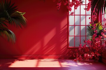 Wall Mural - abstract red studio with window shadows palm leaves. trendy 2023 viva magenta.