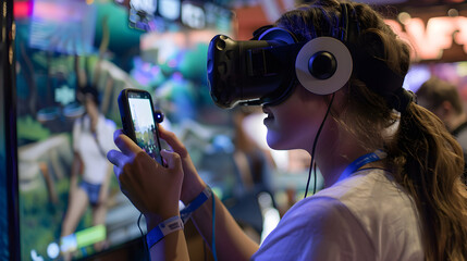 Wall Mural - woman wearing vr headset, sitting on couch, playing game on smartphone, surrounded by plants.