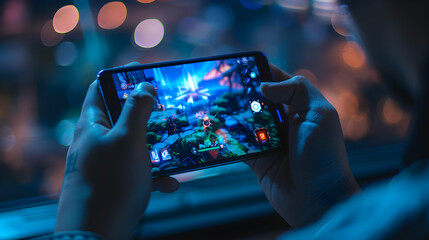 Wall Mural - a person playing a mobile game using their fingers on the screen, focused on the game.