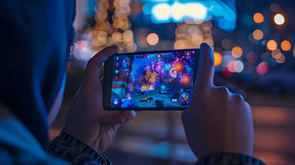 Wall Mural - person's hands holding a smartphone, fingers tapping on screen playing mobile game with touchscreen 