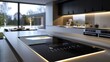 © BloomArt - A closeup of a sleek modern kitchen countertop with integrated technology and a digital interface