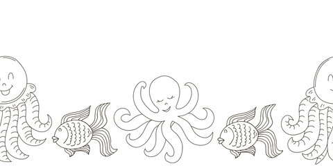 Wall Mural - Marine seamless border. Monochrome fairy-tale drawing