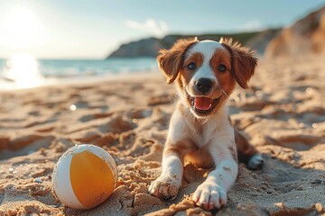 Wall Mural - Happy Puppy on the Beach