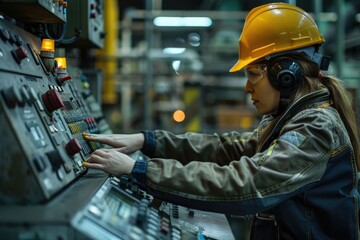 Poster - Operator wearing safety hat behind control panel on a factory.